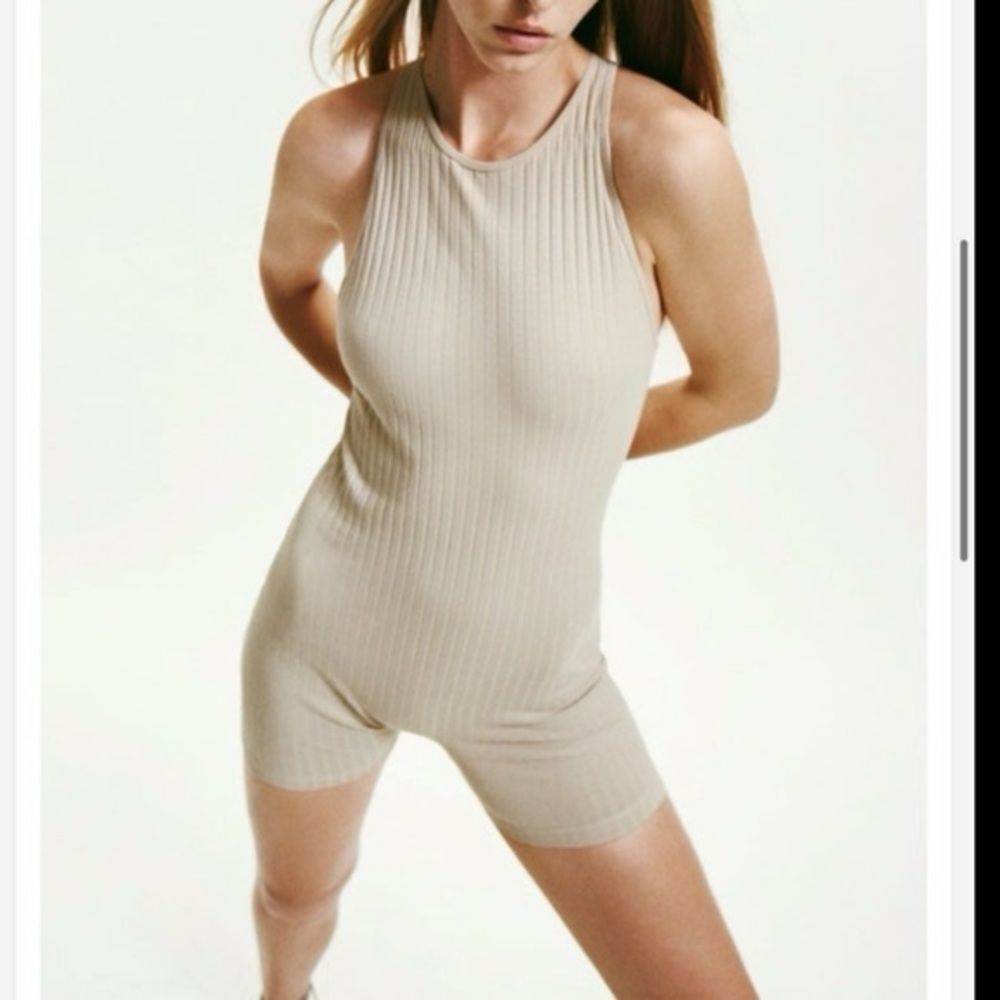 Zara cream ribbed Jump suit women's small